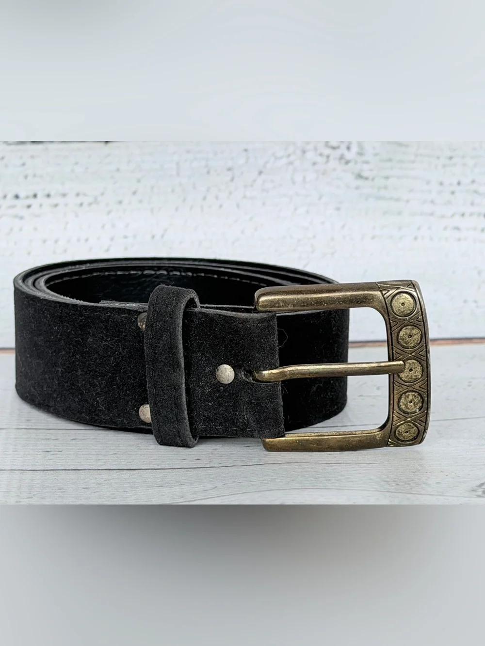 Black Suede Leather Belt | Antique Brass Etched Buckle